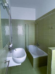 坎波巴索Puzzle Rooms的绿色瓷砖浴室设有浴缸和水槽