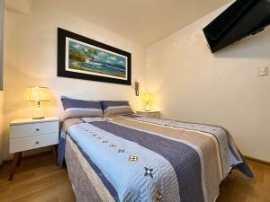 利马Apartamento Acogedor - BARRANCO的一间卧室配有一张带蓝色毯子的床
