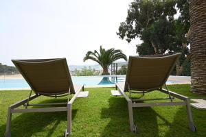 塔巴卡Dar Daniella - Small Design Luxury Hotel的两把椅子坐在游泳池附近的草地上