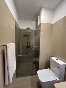 尼甘布Ocean Breeze Apartment Negombo, R 5, B16 Mina的一间带卫生间和玻璃淋浴间的浴室