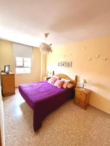 卡耐特蒂贝兰格Apartamento en la Playa Canet, muy cerca de Valencia的一间卧室配有一张带粉色枕头的紫色床
