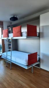 NaxJoli appartement 2 pièces et demi tout confort, Balcon du Ciel NAX Mont-Noble的客房设有2张双层床和红色枕头。