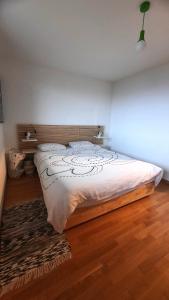 NaxJoli appartement 2 pièces et demi tout confort, Balcon du Ciel NAX Mont-Noble的铺有木地板的客房内设有一间卧室和一张床。