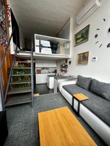 兹林1 bedroom loft apartment的带沙发的客厅和厨房