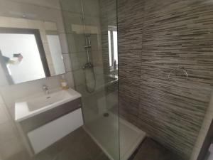 纳杜尔Gozo Spacious 3 Bathroom Apartment的带淋浴、盥洗盆和镜子的浴室