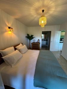 Friar's BayAppartement Saint Martin Friars Bay Sunset Paradise的卧室配有一张白色大床和吊灯。