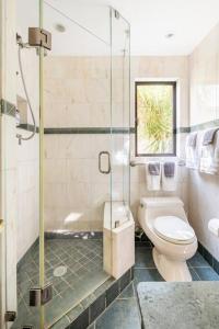 旧金山Secret Garden Stay - Perfect SF Location的一间带卫生间和玻璃淋浴间的浴室