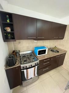 布宜诺斯艾利斯Departamento en San Telmo的厨房配有炉灶和微波炉。