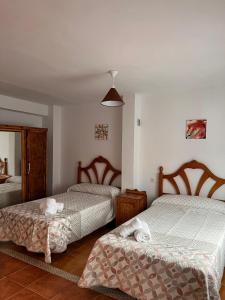 卡索拉Casa Los Belenes的一间卧室配有两张床和镜子
