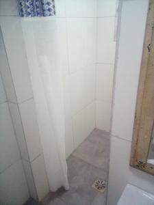 尤西德福拉Pousada Barão de Santa Helena的一间带淋浴的浴室,配有白色的墙壁