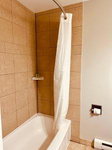 金卡丁Lakeview Motel & Cottage的带浴缸和淋浴帘的浴室