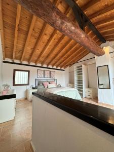 塞埃欣Casa Rural El Alcázar - Cehegín的一间卧室设有一张大床和木制天花板。