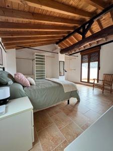 塞埃欣Casa Rural El Alcázar - Cehegín的一间带一张床的卧室,位于带木制天花板的房间内