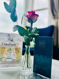 兰迪德诺Hotel No5的玫瑰花玻璃瓶和桌子上的一本书