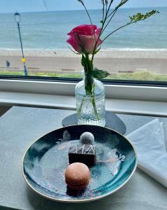兰迪德诺Hotel No5的一块带巧克力甜点的盘子和一朵玫瑰花花瓶