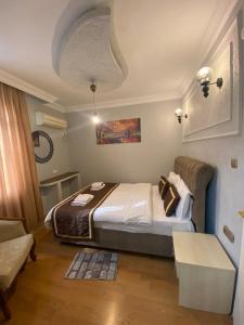 伊斯坦布尔Ramos Boutique Hotel Sultanahmet的一间卧室配有一张床和一张沙发