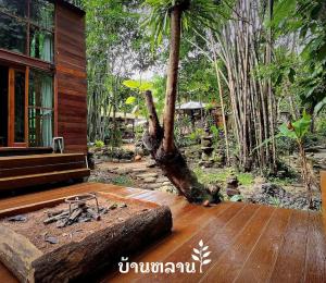 清道MayamYay Privacy Homestay @Mea Nea Chiang Dao的木甲板,房子旁边有一树干
