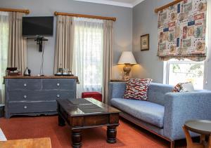 格雷顿Via's Guesthouse的客厅配有蓝色的沙发和梳妆台