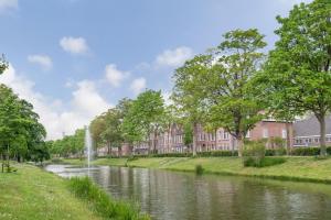 鹿特丹Cozy Corner in Rotterdam的一条河,在房子前面,有一个喷泉