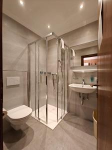 哈莱恩Pension Sommerauer的带淋浴、卫生间和盥洗盆的浴室