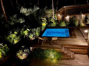 雷日卡普费雷Charmante maison en bois avec piscine dans les pins à la pointe的享有花园游泳池的顶部景色