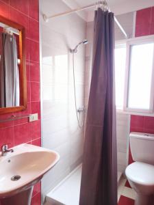 San AndrésFleitas Penthouse with terrace的浴室配有淋浴帘和盥洗盆。