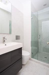波士顿Modern Studio in Historic Boston - Unit #303的浴室配有卫生间、盥洗盆和淋浴。
