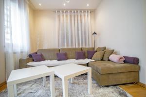 兹拉蒂博尔Luxury Kalman Centar Apartmani的客厅配有棕色沙发和紫色枕头