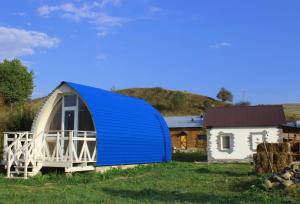 ShahumyanGlamping Eco Valley的房屋旁田野上的蓝色圆顶帐篷