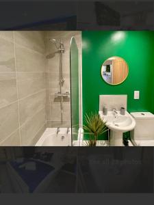 约克No 4 Hawthorn Ground floor apartment的绿色浴室设有水槽和卫生间