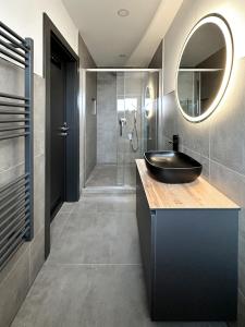 锡根Si-View Doppelzimmer Siegen Zimmer 15的一间带水槽、镜子和淋浴的浴室