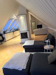 斯塔万格Lovely apartment in maritime surroundings near Stavanger的客厅设有两张沙发和一个壁炉