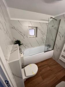 萨图马雷Lira Holiday Apartments的带浴缸和卫生间的浴室。