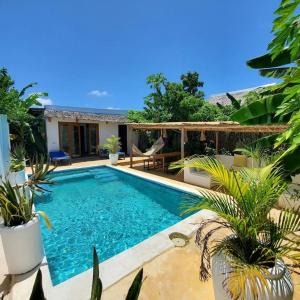 南威Bukoba Villas - Olive - Private Pool, AC & Wi-Fi的植物屋前的游泳池