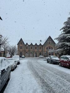 普奇塞达终点站酒店的一条雪覆盖的街道,在建筑物前停放汽车