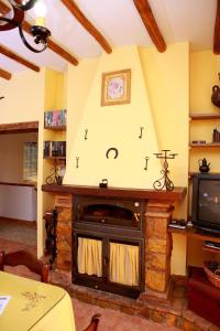 蒙特弗里奥La Choza De Mamuyo的客厅设有石制壁炉和电视