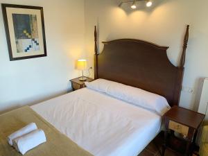 巴达古斯Apartamentos Jaca Mirador de Badaguas 3000的一间卧室配有一张大床和木制床头板