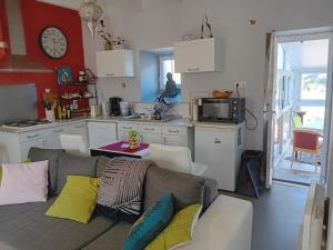 PrémianLes volets bleus的带沙发的客厅和厨房