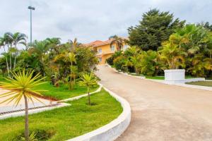 BelasDecifer Sport Resort的一条有棕榈树的道路,一座黄色的房子