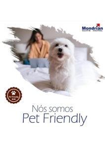 圣若泽杜斯坎普斯Mondrian Suite Hotel的一只白狗和女人坐在床上