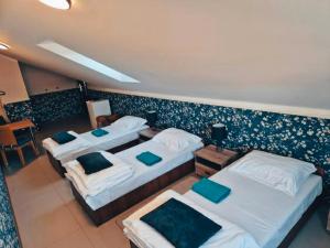 沃姆扎Pokoje KRASKA 36的带3张床和蓝色枕头的客房