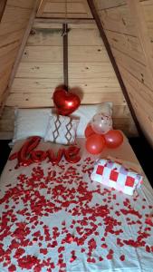 A Chave da Montanha的一张床上有红色玫瑰花瓣的床