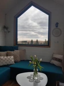 马里瑟尔Natura Tiny House的客厅设有蓝色的沙发和窗户。