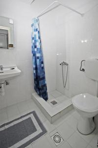 皮加迪卡Hotel Elena的带淋浴、卫生间和盥洗盆的浴室