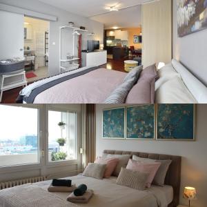 萨格勒布Apartments High的一间带大床的卧室和一间客厅
