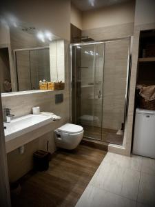 新鲁达Apartament Nowar的带淋浴、卫生间和盥洗盆的浴室