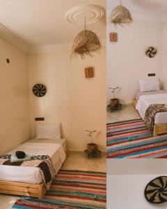 塔姆拉赫特乌兹达尔CHILL SURFER HOSTEL的卧室两张照片,配有两张床和地毯