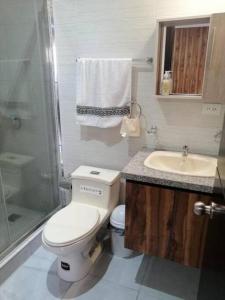 昆卡Departamento Acogedor: Nuevo y Amplio的浴室配有卫生间、盥洗盆和淋浴。