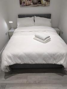 都柏林Oceanik的一张白色的床,上面有两条毛巾