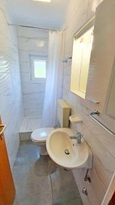 柳巴茨Apartments Poljubac的白色的浴室设有卫生间和水槽。